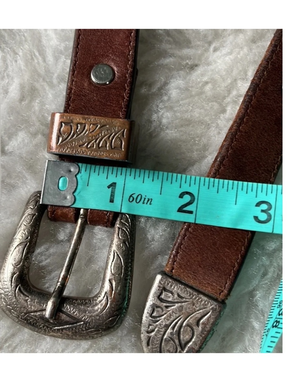 Vintage Frontier Line brown leather belt with fancy engraved buckle and end 32 - Picture 9 of 10